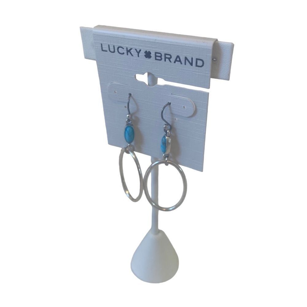 Turquoise Open Circle Silver Toned Drop Earring. - Picture 3 of 6